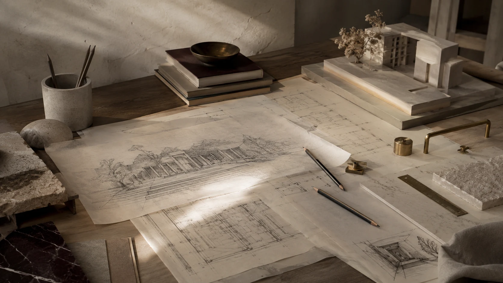 Architecture studio table with hand sketches, limestone samples, and model studies