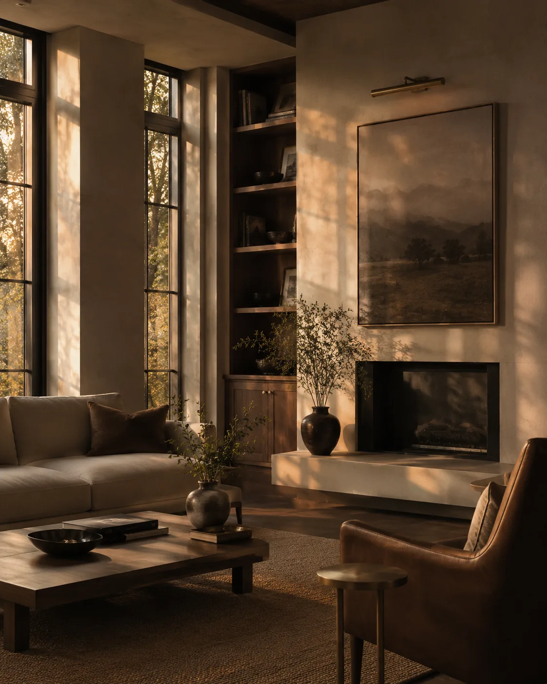 Golden-hour warm light across a refined living room