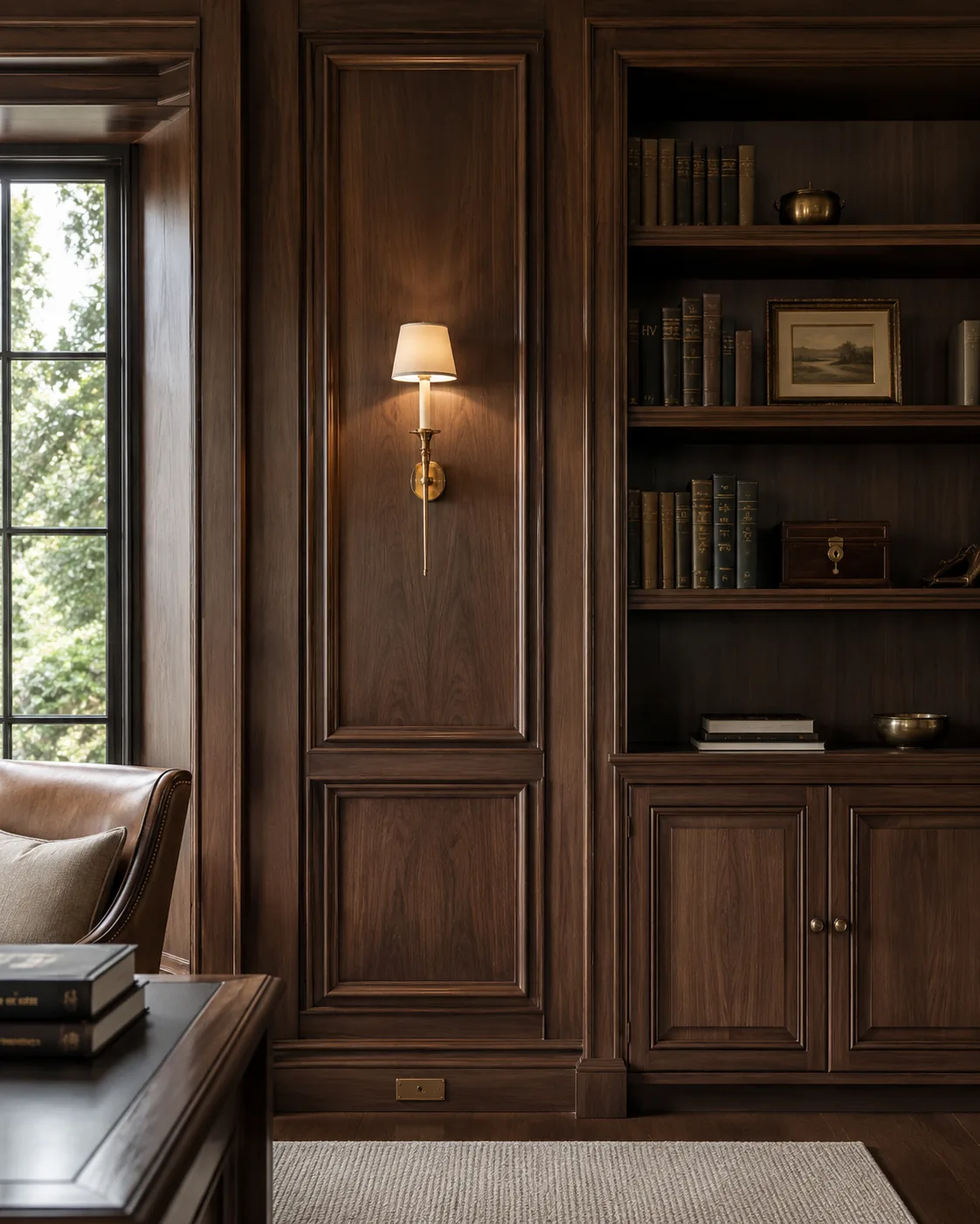Paneled millwork wall with built-in library shelves