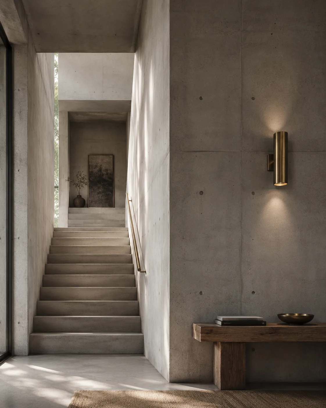 Sculptural raw concrete interior with stair and brass accents