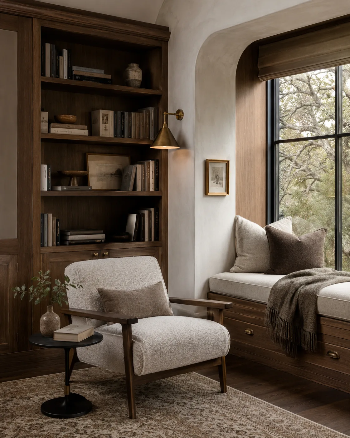 Interior reading nook with built-in shelves and window seat