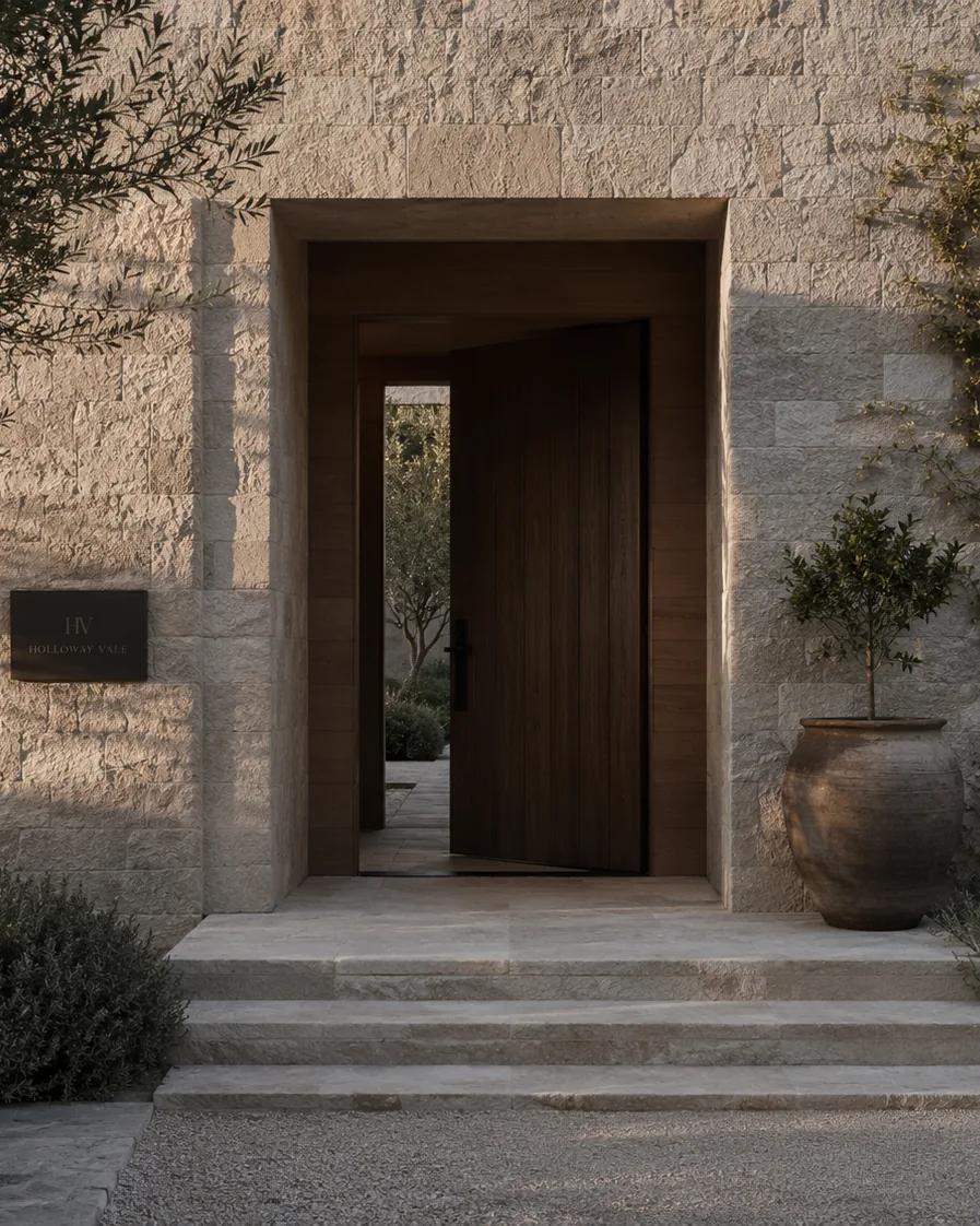 Quiet stone residence entry with recessed timber door