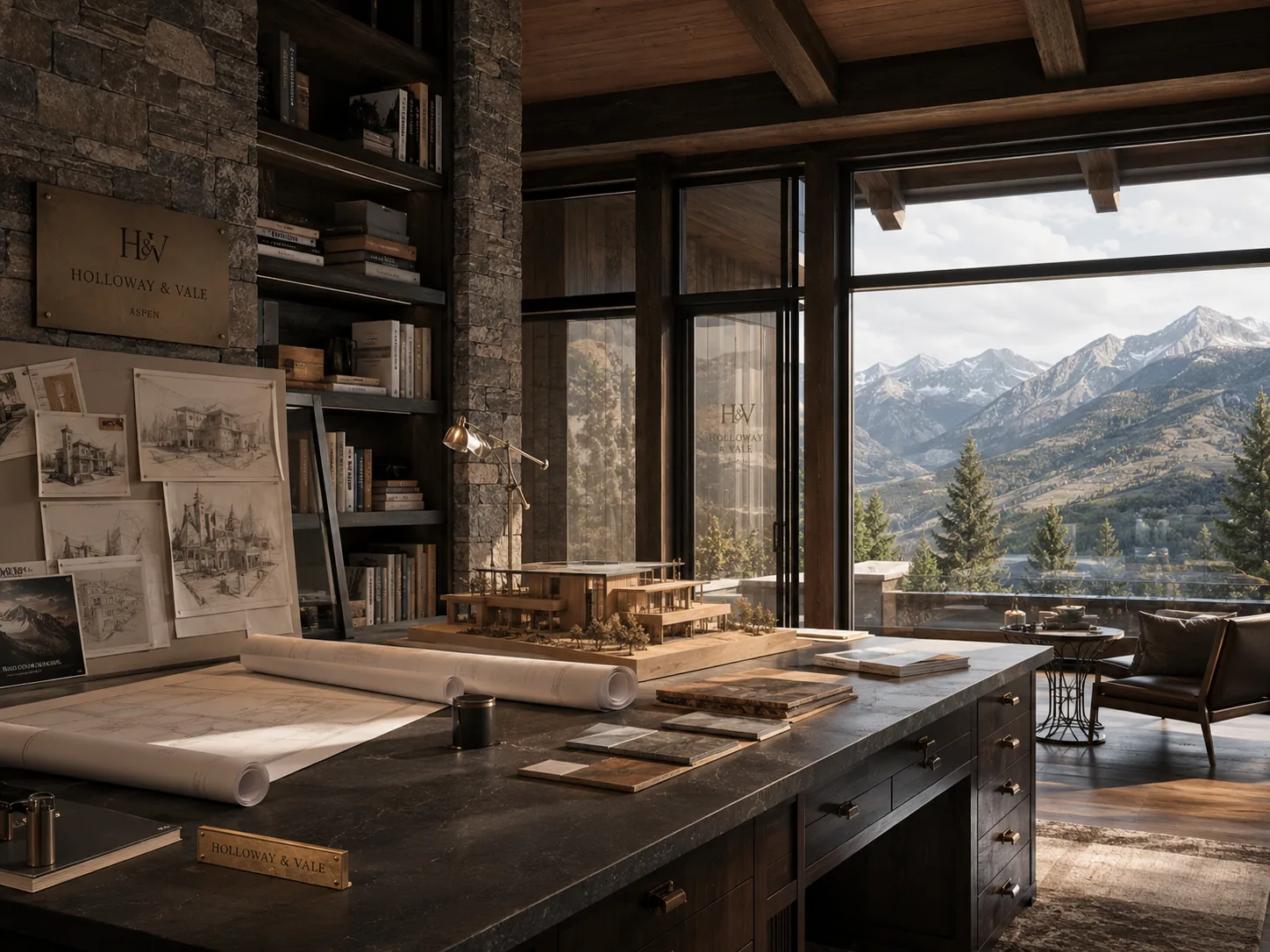 The Aspen Holloway & Vale studio, a luxurious mountain design workspace with materials, models, and alpine views