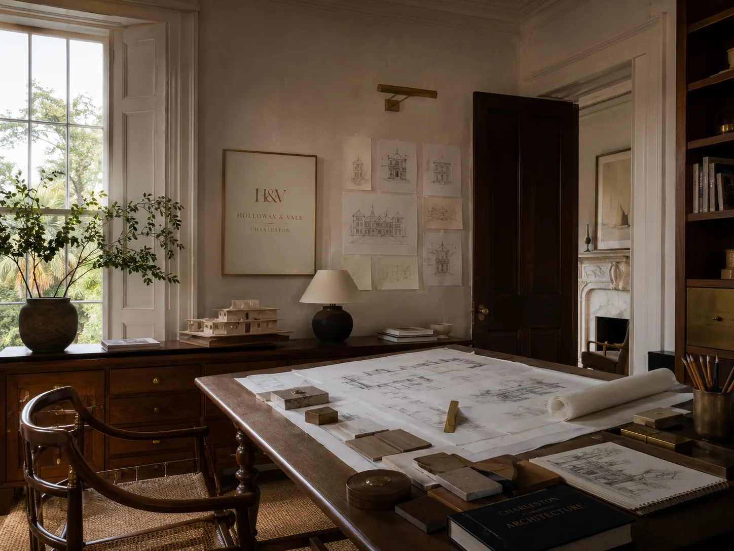 North-facing studio light across a working architecture table