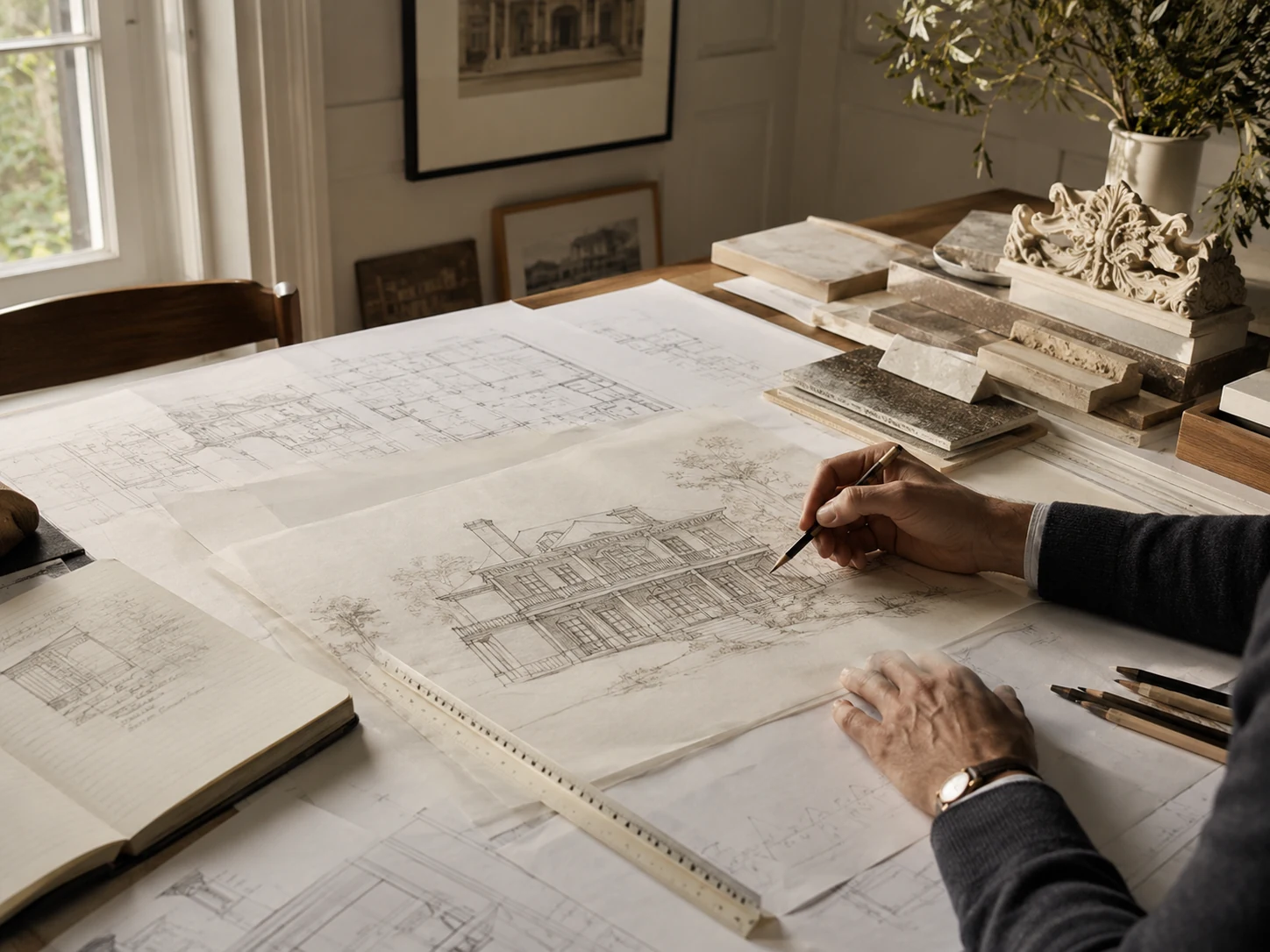 Architectural drawings spread across a studio table